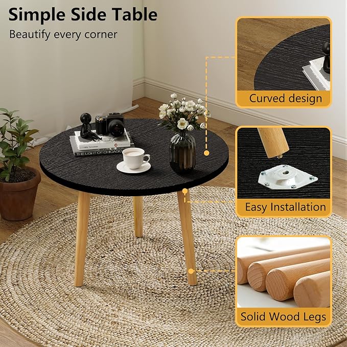 Round Coffee Table Low Table with 3 Solid Wood Sturdy Legs,Floor Table Desk for Sitting on The Floor,23.6"D x 23.6"W x 16"H Inches,Living Room/Toy room Furniture,Rental house Furniture (Black)