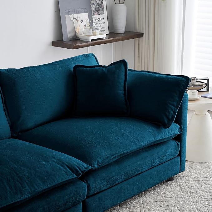 KEIKI Combination Sofa, Upholstered 3 Seater Couch, Oversized L Shaped Sectional Sofa with Reversible Ottoman for Living Room Bedroom Office, Blue