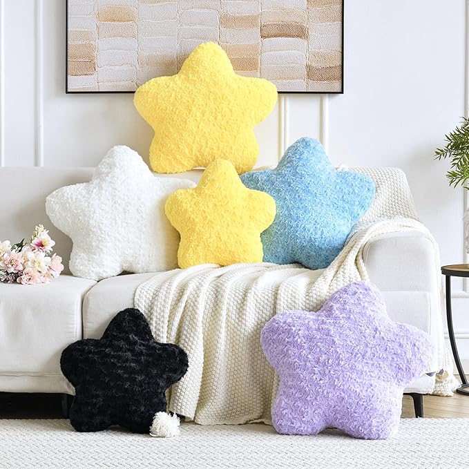 Star Pillow, 14.9" Star Shaped Plush Pillow for Couch Bed Sofa, Cute Decorative Throw Pillows with Soft Faux Fur Room Decor for Bedroom Living Room (White)