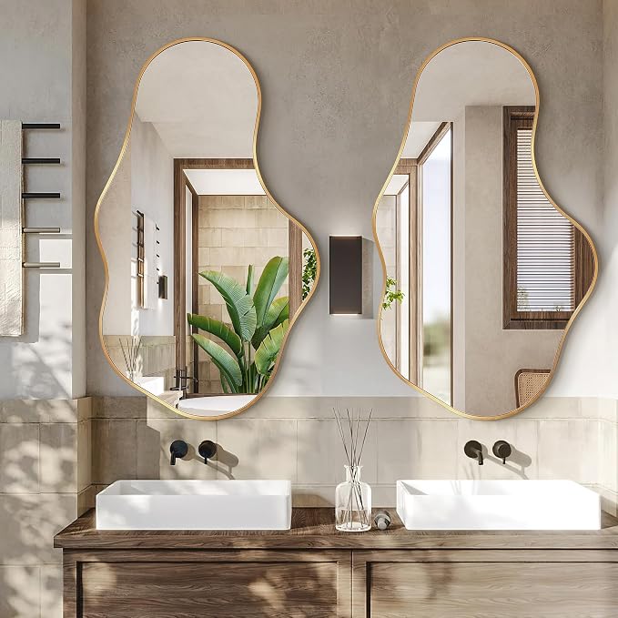 Dorlicecass Irregular Wall Mirror - Wall Mirrors Decorative 22"x 36" Asymmetrical Abstract Mirror Aviation Aluminum Alloy Frame Unique for Bathroom, Bedroom, Living Room, Cloakroom, Entryway Gold - Image 3