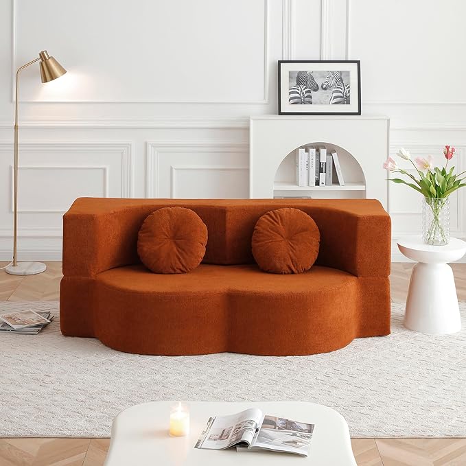KEIKI 2-in-1 Folding Sofa Bed with Pillow, Queen Sleeper Sofa, Floor & Futon Loveseat Couch, Foam Folding Mattress for Living Room, Guest Use, Office, Apartment, No Assembly Required, Orange