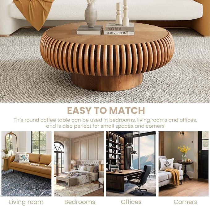 Fluted Drum Coffee Table Round Coffee Table for Living Room Mid Century Modern Coffee Tables with Sturdy Pedestal Circle Center Tea Table Accent Tea Table for Small Space Apartment (31.5" Brown)