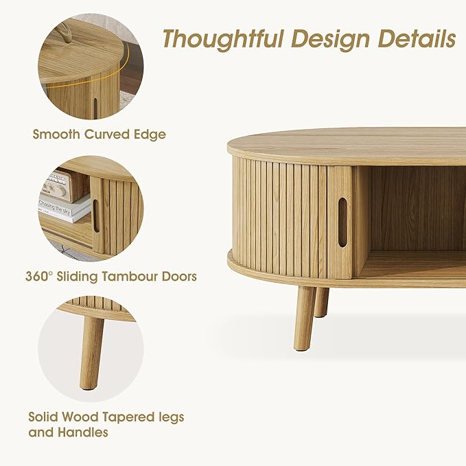 Alohappy Oval Coffee Table, Mid Century Modern Coffee Table with Sliding Tambour Door, Fluted Center Table with Hidden Storage, Curved Profile Dining Table for Living Room, Home Office,Natural Oak