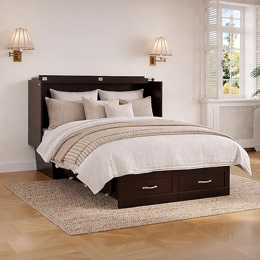 AFI, Chelsea Mid-Century Modern Full Wood Murphy Bed Chest with 6" Mattress, Storage Drawer & Built-in USB Charger, Espresso