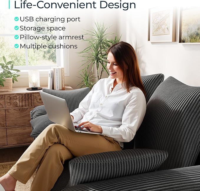 LINSY HOME Sectional Loveseat Sofa with Pull Out Chaise (Gray, 62.5'') | USB Charging, Pillow-style Armrest, Multiple Cushions, Side Storage Pockets, Corduroy Fabric