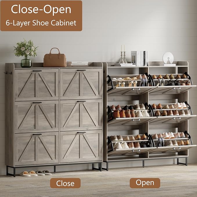 Shoe Cabinet with 6 Flip Drawers, Freestanding Hidden Shoe Storage Organizer for Entryway, Narrow Slim Shoe Rack Cabinet with Open Storage & Hooks for Front Door Entrance, Living Room, Hallway, Grey - Image 3