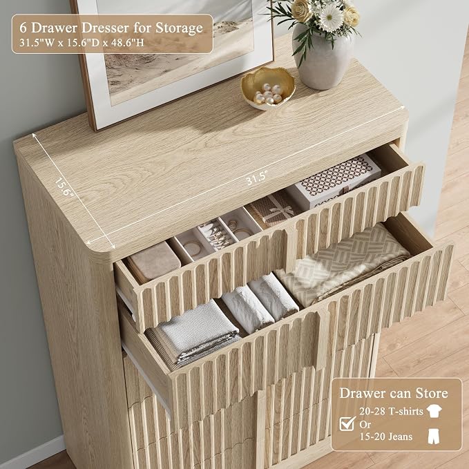 Fluted Dresser for Bedroom, 48" Tall 6 Drawer Dressers, Modern Chest of Drawers with Solid Wood Handle, Curved Profile Design, Wood Dresser Deep Storage Organizer, Living Room, Hallway, Natural Oak - Image 5