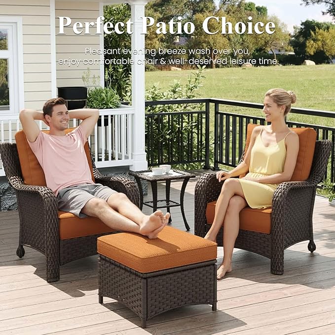 LayinSun 3 Piece Wicker Outdoor Furniture Set with 6-inch Comfy Cushions, High Back Patio Furniture Set with Rattan Armchairs and Side Table