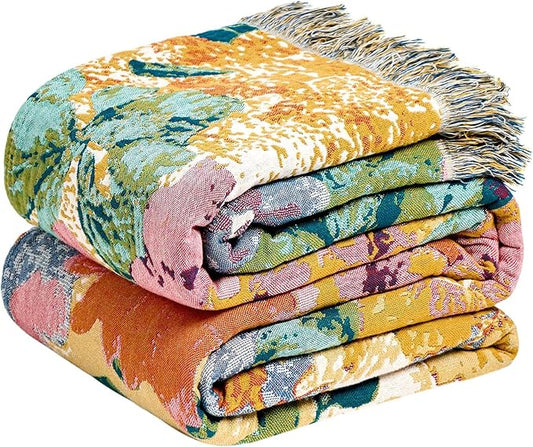 LUTBM Boho Throw Blanket for Bed Cotton Spring Blankets for Bedroom Living Room All Season Lightweight Floral Embroidery Reversible Twin Quilt for Couch Sofa Chair 60"x80" Home Decor