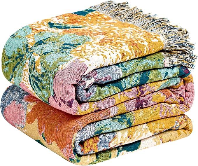 LUTBM Boho Throw Blanket for Couch Sofa Chair Cotton Spring Blankets for Bedroom Living Room All Season Soft Lightweight Reversible Floral Embroidery Breathable Decorative Throws 50"x60"