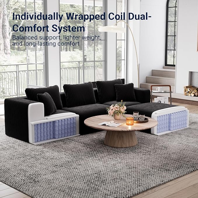 Avenco 141” U-Shaped Modular Sectional with 4 Ottomans, Individually Wrapped Coil Support & Corduroy Fabric, Zero Assembly 8-Piece Set for Spacious Living Room, Black