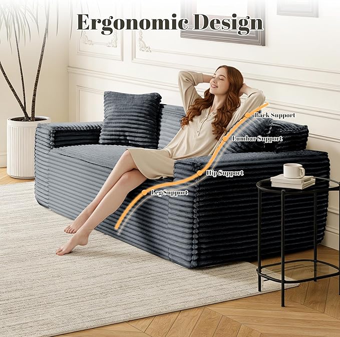75" Cloud Loveseat Sofa, 26" Deep Seat Boneless Couches for Living Room, Modern 3 Seater Sofa with Throw Pillows, Corduroy Compression Sofa in Box, No Assembly Couch for Bedroom, Dorm, Gray