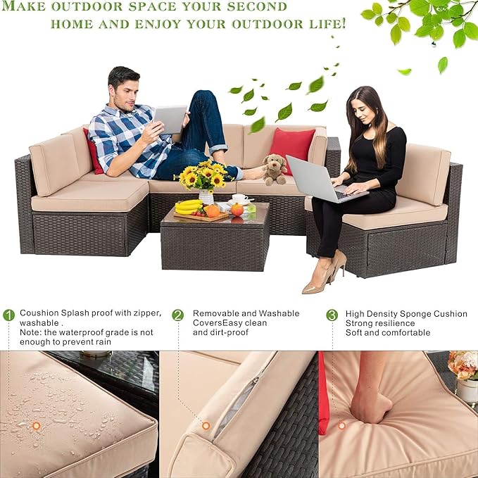 Vongrasig 7 Piece Patio Furniture Set with Propane Fire Pit, Outdoor Conversation Sets Wicker Rattan Sectional Sofa with Coffee Table, 43” Propane Gas Firepit Table with Lid, Beige