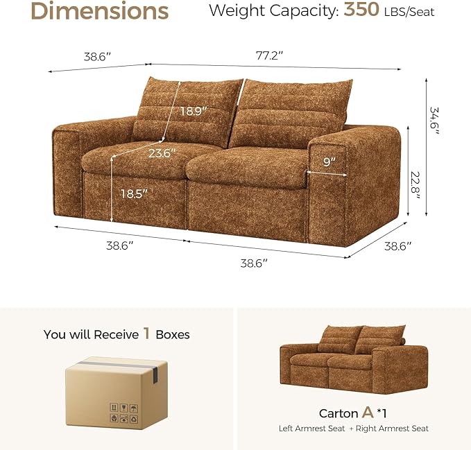 77" Cloud Loveseat Sofa, Deep Seat Couch with Pillows, Modern Comfortable Upholstery Boneless Sofa, 1 piece for Living Room, Bedroom, Apartment, Removable Cover，No Assembly Required, Orange