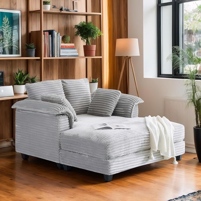 VINGLI Lounge Chair, 56" Oversized Reading Chair Corduroy Chaise Sofa Recliner Bed Upholstered Comfy Sleeper Couch with Throw Pillows and Armrests for Living Room, Movie Room, Bedroom