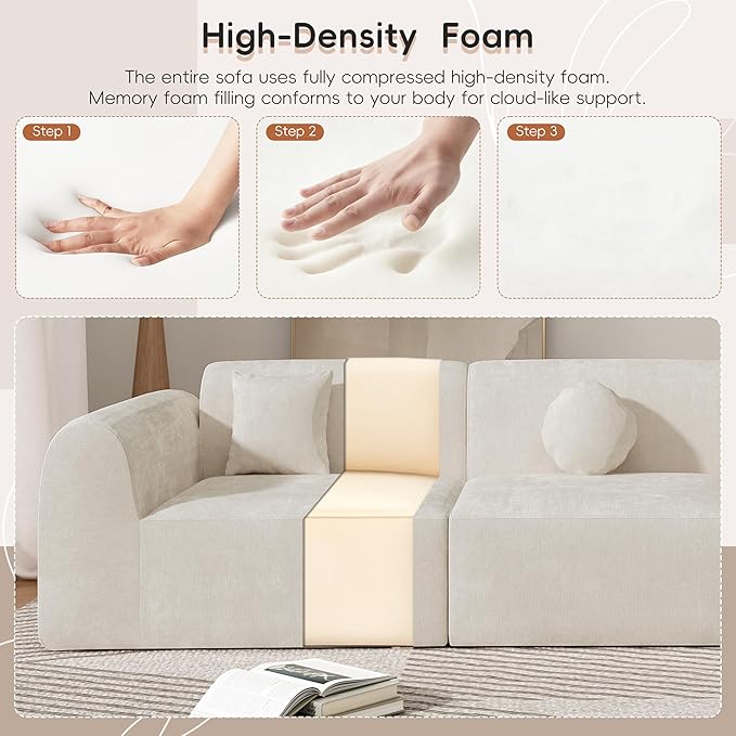 Merax 140" Curved Polyester Sectional Sofa Set, Modern Cloud Couch with Chaise Lounge & 3 Pillows, Fully Assembled for Living Room, Beige