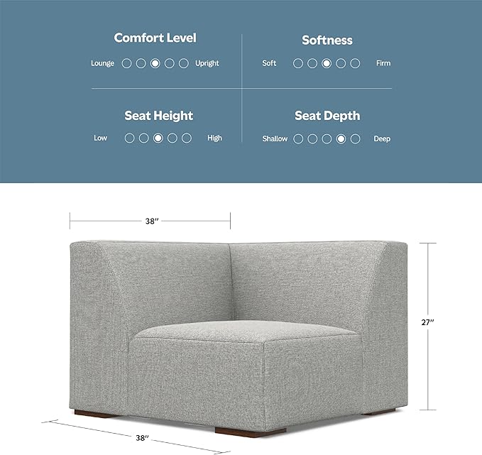 SIMPLIHOME Rex Corner Sofa Module in 100% Recycled Polyester Tightly Woven Performance Fabric, Pale Grey, 38-inches Wide, Handcrafted Modern-Style Corner Accent Chair for Living Room