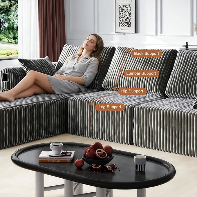 106" Boneless Couches for Living Room, Modular Sectional Sofa, L-Shape Sofa Couches,Cloud Couch Sectional, Comfy Corduroy Sofa, with Deep Seat, No Assembly Required (Gray, 3 Seater + 1 Ottoman)
