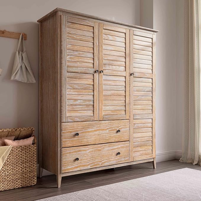 Grain Wood Furniture Greenport 3-Door Wardrobe, Solid Wood with Brushed Driftwood Finish