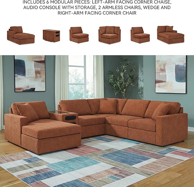 Signature Design by Ashley Modern Modmax Stain Resistant U-Shape Right-Arm Facing 6-Piece Sectional with Audio System and Chaise, Orange