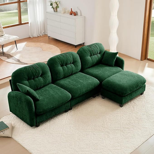 KEIKI 107" L-Shaped Oversized Chenille Modular Sectional Sofa with 1 Ottoman, High-Density Foam Cushions, Tufted Pleated Cushion Backrest, Modern 3-Seater Couch with 2 Pillow, for Living Room, Green