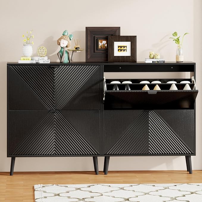 oakvivo Shoe Cabinet Storage, Farmhouse Freestanding Organizer with 2 Flip Drawers and 4 Wooden feet, Narrow Shoe Rack Cabinet for Entryway, Foyer, Hallway, Black - Image 3