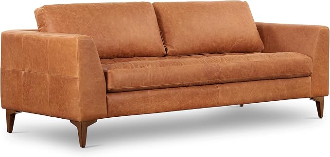 Poly & BARK Calle 90" Sofa Full-Grain Pure-Aniline Italian Leather in Cognac Tan, Solid Wood Legs