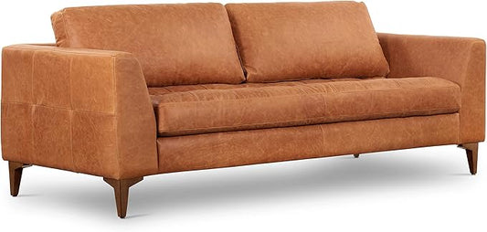 Poly & BARK Calle 90" Sofa Full-Grain Pure-Aniline Italian Leather in Cognac Tan, Solid Wood Legs