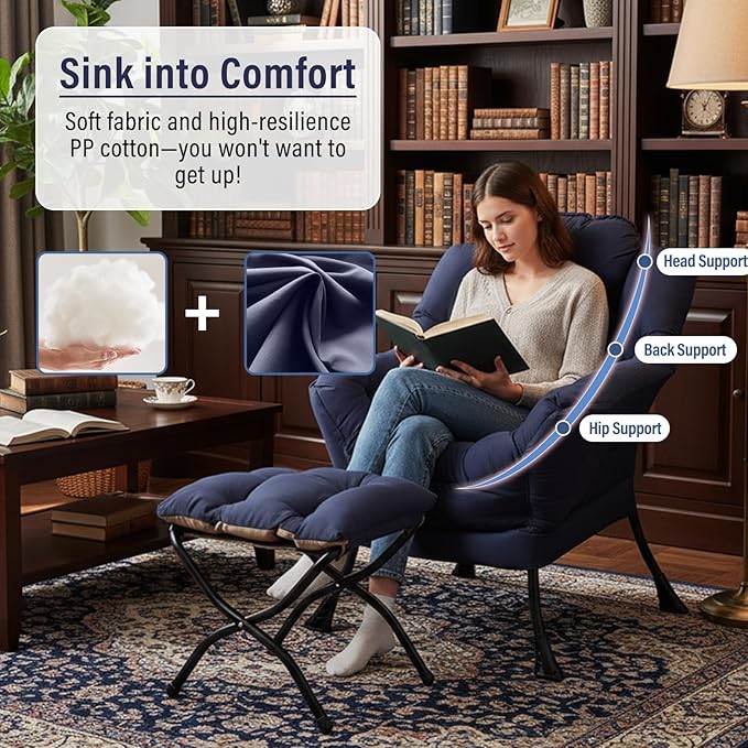 Furlide Lazy Chair with Ottoman, Modern Accent Chairs with Folding Footrest, Navy Blue Sofa Chair Set, Comfortable Reading Chairs, Oversized Armchairs for Bedroom, Study, Living Room, Courtyard