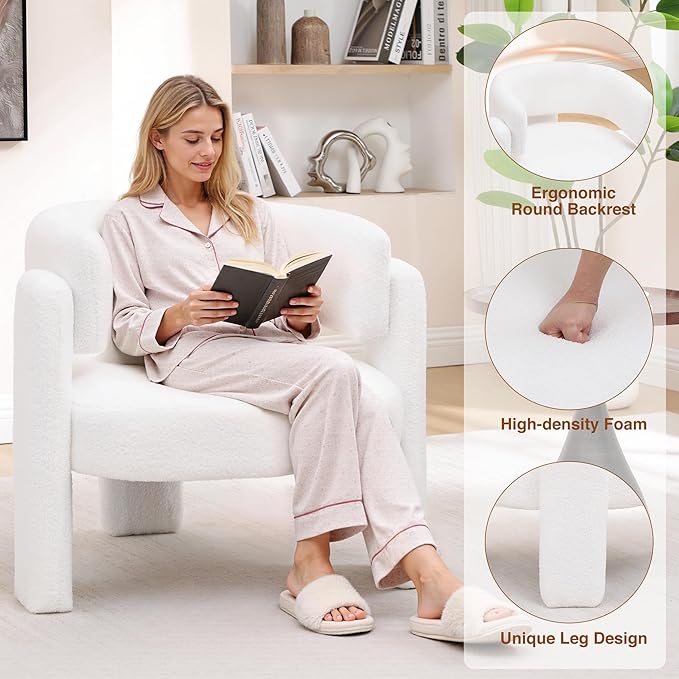 Accent Chairs Set of 2, Modern Sherpa Barrel Chairs, Upholstered Living Room Chairs with 3 Legs, Comfy Armchair Reading Side Chair for Bedroom, Office, Apartment, White