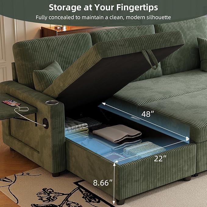 L-Shape Sleeper Sofa with Storage & Ports, Pull-Out Couch Bed with Cup Holders, Side Pockets & Side Table for Living Room, Apartment, Green