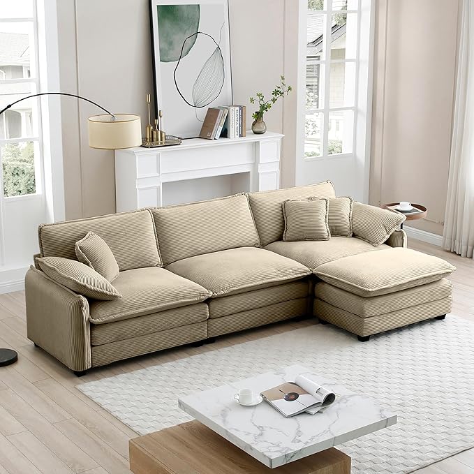 KEIKI 115" L-Shaped Oversized Corduroy Modular Sectional Sofa with 1 Ottoman, High-Density Foam Cushions, Removable Armrests, Upholstered 3-Seater Corner Couch with 5 Pillow, for Living Room, Tan
