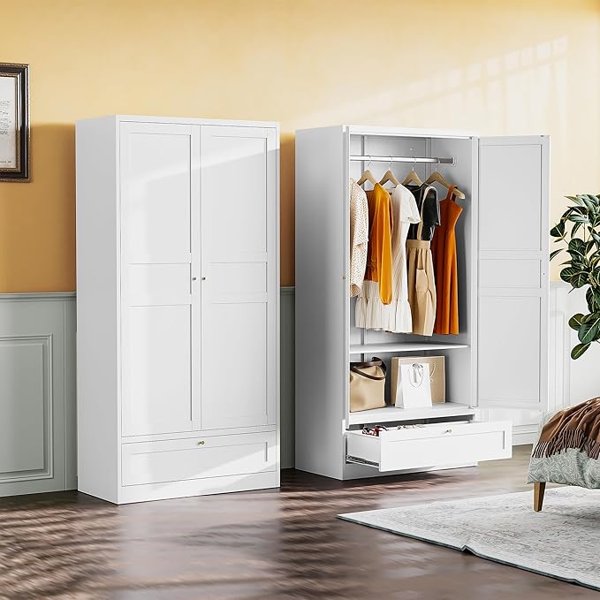 Metal Wardrobe Cabinet with Drawer and Hanging Rod,Armoire Wardrobe Closet with doors,White Metal Clothing Storage Cabinet with Adjustable Shelves,Armoire Storage Cabinets for Home,Bedroom Armoires