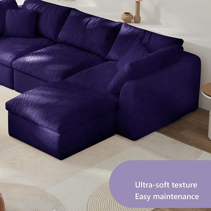 Modular Sectional Sofa Boneless Cloud Couch for Living Room, L Shape Deep Seat Recliner Sofa with Ottoman, Adjustable Backrest & 2 Throw Pillows - Covers Washable, (Purple, 5 Seater+1 Ottoman)