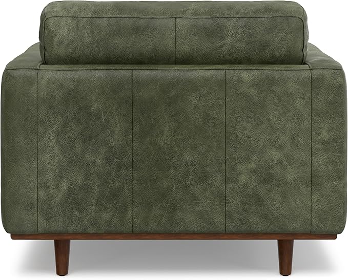 SIMPLIHOME Morrison Arm Chair - 42 inch Wide Upholstered Genuine Leather Mid-Century Modern Accent Chair in Moss Green with Solid Wood Legs, Reversible Bolster Pillows and Reclined Back