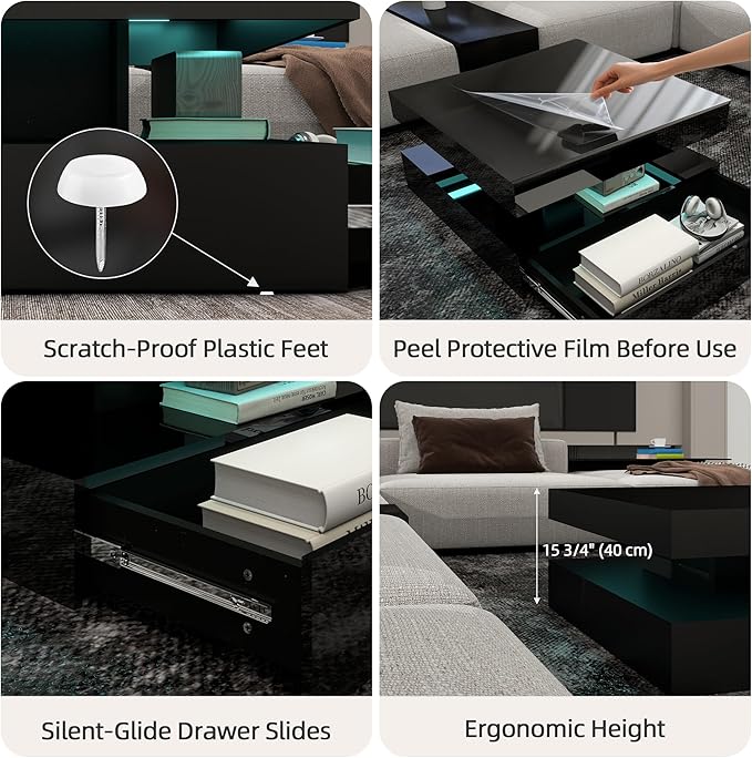 LED Coffee Table for Living Room, 2-Tier Modern Square Center Table with Music Sync Lights, High Gloss Surface, 30 3/4" x 30 3/4" (Black)