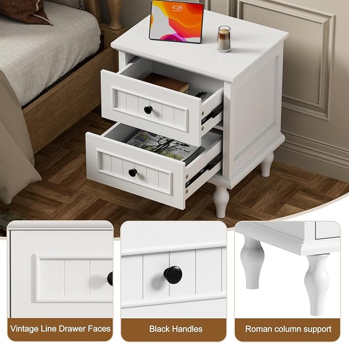 Scurrty Vintage Nightstand, Antique Style End Table with 2 Drawers, Taller Nightstand for Bedroom, Side Table for Bedroom (White, Single) - Image 7