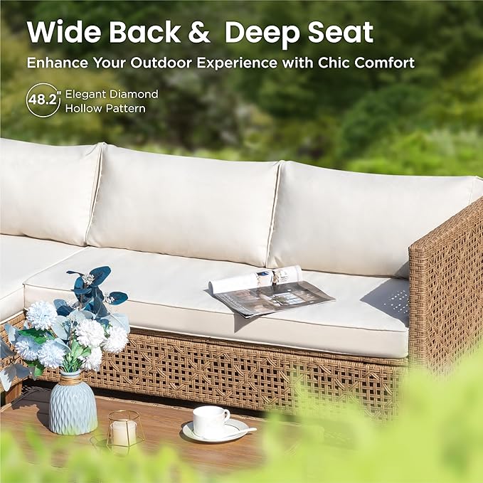 PHI VILLA Wicker Patio Furniture Set, Outdoor Sectional Couch with Cushions and Acacia Wood Coffee Table, U-Shaped Patio Conversation Set for Deck or Porch, 6 Seats, Beige