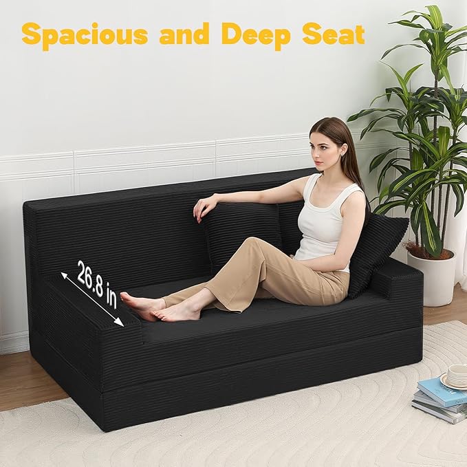 MeMoreCool Boneless Folding Sofa Bed Queen – Corduroy Convertible Futon Couch, 2-in-1 Floor Sleeper with Foam Support, Detachable Pillow & Washable Cover for Living Room, Guest Room, Apartment