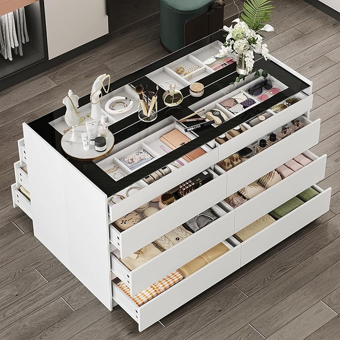 LIVAUVEAD Closet Island with Drawers, 16 Drawers Wardrobe Closet with Glass Top and LED Light，White Island Dresser with Jewelry Organizer for Bedroom & Cloakroom