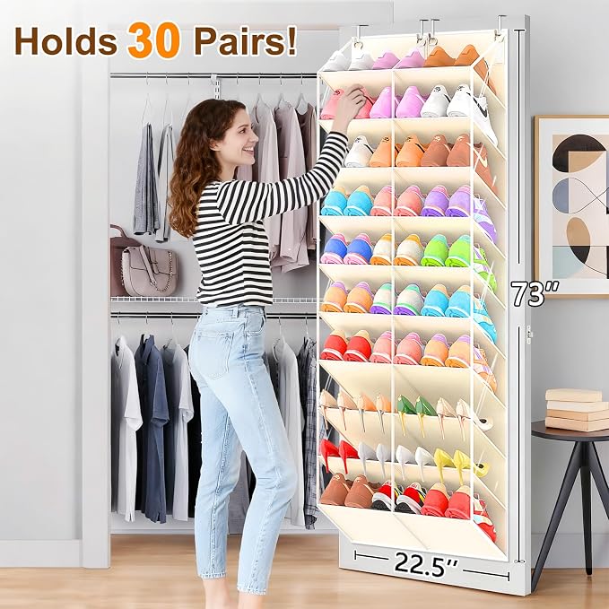 UVIAHOMI 20-30 Pairs Over the Door Shoe Organizer, Clear Pockets Hanging Shoe Storage for Closet, 10-Tier Door Shoes Rack, Handing Shoes Holder Fit All the Family's Sneakers, Boots, Heels, Beige - Image 2