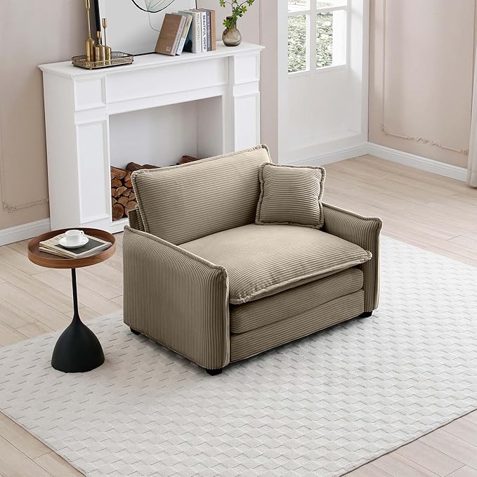 KEIKI 46" Oversized Corduroy Modular Sectional Single Sofa with High-Density Foam Cushions, Removable Armrests, Upholstered Retro 1-Seater Lounge Accent Chair with 1 Pillow, for Living Room, Tan