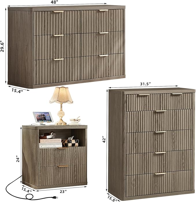 LEYAOYAO Fluted Dressers & Nightstand Set of 4, Wood 48" Wide Dresser & 42" Tall Chest of Drawers,Modern Bedroom Furniture Sets, Grey Wooden Nightstand Set of 2 with 2 Drawers & Charging Station