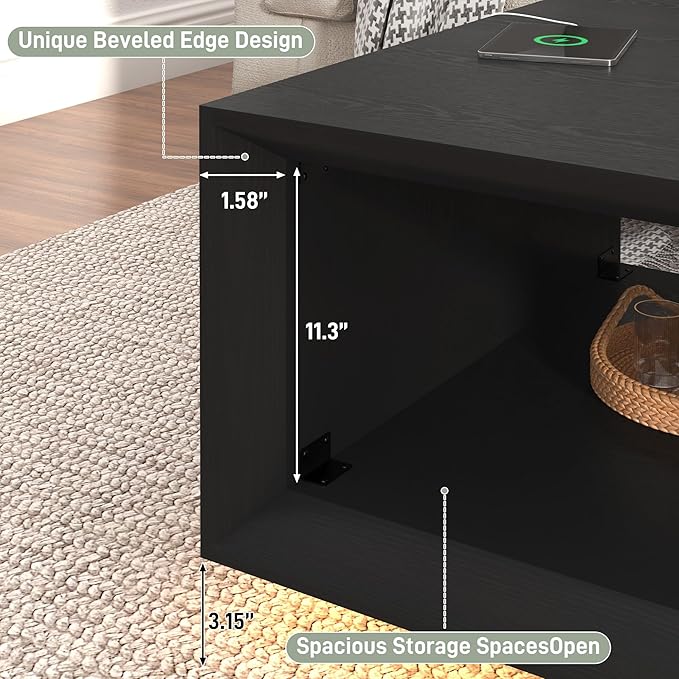 32" Mid Century Modern Coffee Table for Living Room, Square Center Table with LED Light & Power Outlet, Cocktail Table with Storage, 2-Tier Minimalist, Deep Beveled Edge, Wood Thick Design, Black