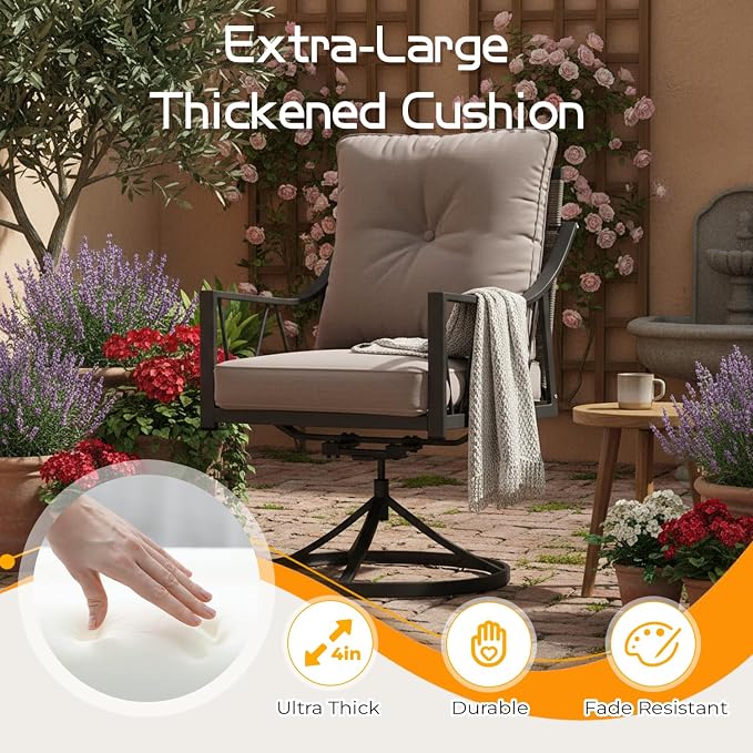 EROMMY 5-Piece Outdoor Patio Dining Set, 4 Wicker Swivel Rocking Chairs with 4" Cushions, 42" Round Table with Adjustable Umbrella Hole for Yard, Backyard, Black - Image 4