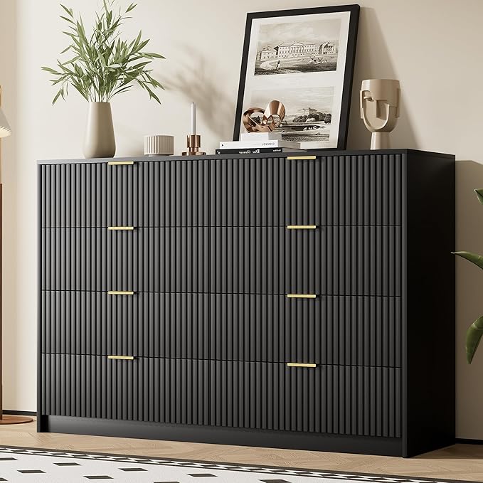 Furniway Black Dresser Bedroom Set 3 Pieces, Nightstands Sets of 2, 8 Drawer Dresser with Gold Handles for Bedroom