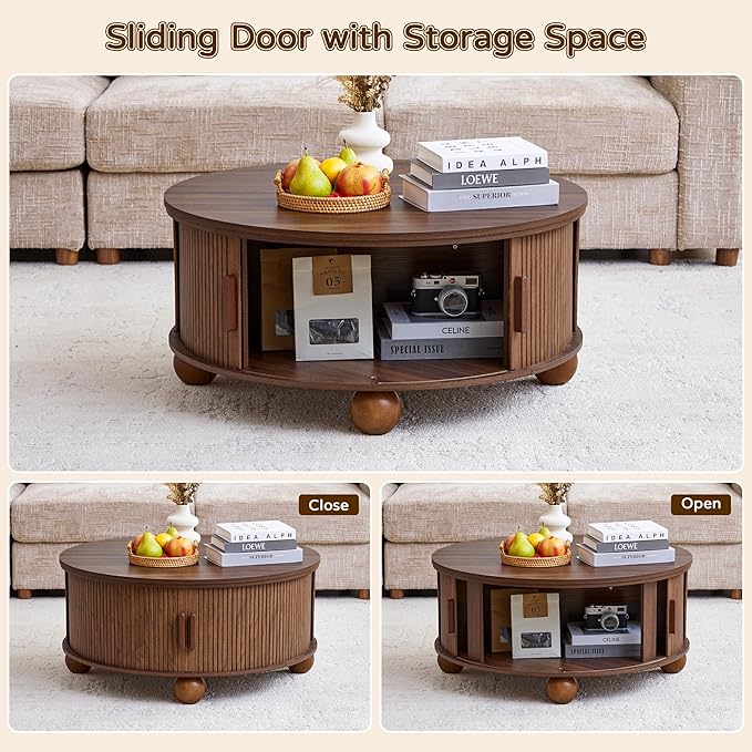 Round Lift Top Coffee Table with Hidden Storage, 33.5'' Mid-Century Modern Fluted Coffee Table with Sliding Tambour Door & Solid Wood Legs, Circle Center Table for Living Room, Small Space (Walnut)