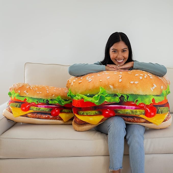 Much Comfort 23" 3D Juicy Cheeseburger Throw Pillow - Made with Super Soft & Ultra Premium Fabric - Cute, Comfortable, Plush, Meat, Nugget, Taco, Stuffed Cushion for Home Decor - Funny Gift - Medium