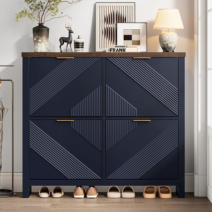 ONBRILL Shoe Cabinet with 4 Flip Drawers, 16-24 Pairs Shoe Organizer with Symmetric Groove Pattern, Freestanding Slim Hidden Shoe Storage Cabinet for Entryway, Hallway (Navy Blue) by ONBRILL