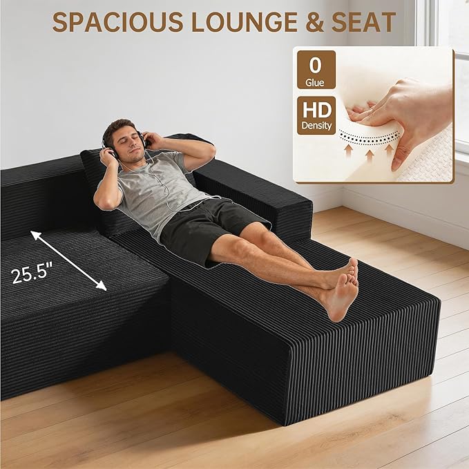103" Cloud Sectional Sofa, Boneless L-Shape Couch with Chaise, Modern Minimalist Modular Couch for Living Room, Free Combination, Deep Seat, No Assembly Required, Premium Corduroy, Black, R